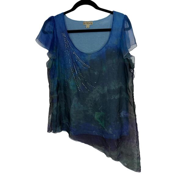 Live Let Live Chiffon Tunic size Large Blue Rhinestone Flutter Sleeve Asymmetric - Picture 1 of 10